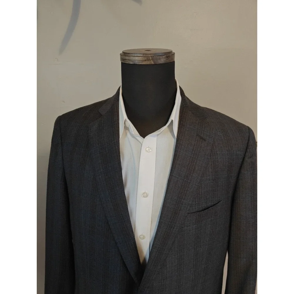 J Hilburn Mens 43L Wool Sport Coat Blue Brown Plaid Classic Fit 2 Button D701